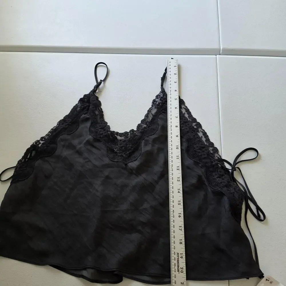Free People Camisole Womens Medium Black Satin Lace Trim Side Tie Crop Top